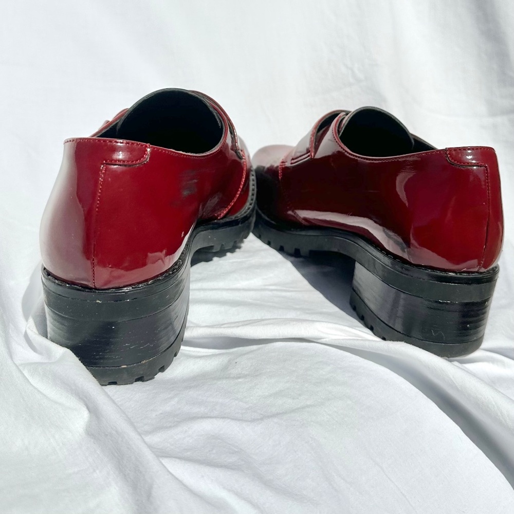 Burgundy Patent Faux Leather Chunky Rubber Sole Loafer w Metal Hardware - Picture 5 of 6
